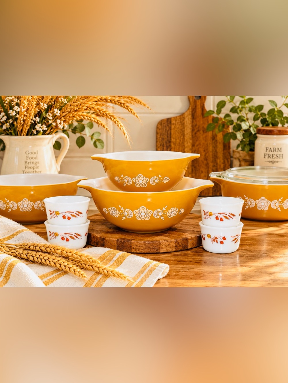Vintage Pyrex Butterfly Gold Cinderella Mixing Bowls #444 & #442 – 1970s Nesting